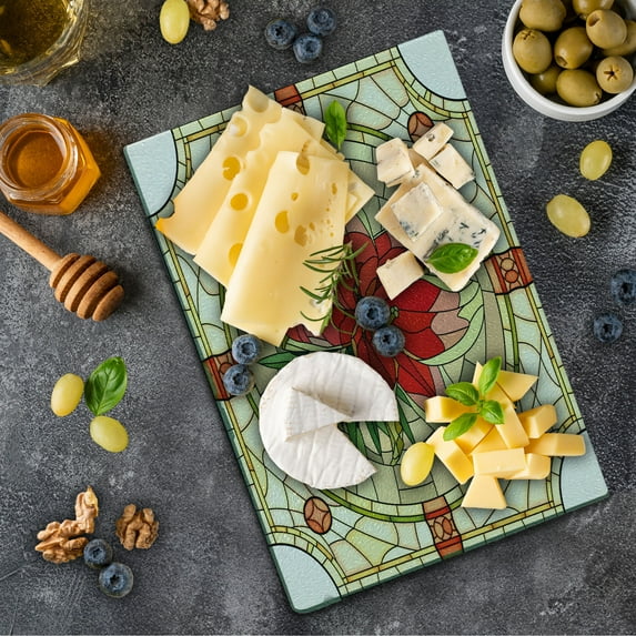 Floral Cutting Board, Vector Antique Glass Image Flower Lily Like Design with Leaves and Buds Art, Decorative Tempered Glass Cutting and Serving Board, Small Size, Multicolor, by Ambesonne