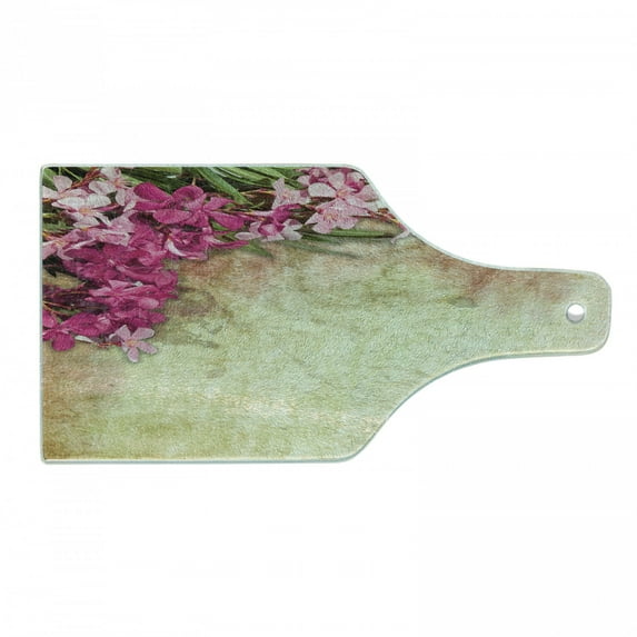 Floral Cutting Board, Vintage Illustration of Oleander Flowers Distressed Retro Background, Tempered Glass Cutting and Serving Board, Wine Bottle Shape, Pink Green Pale Yellow, by Ambesonne