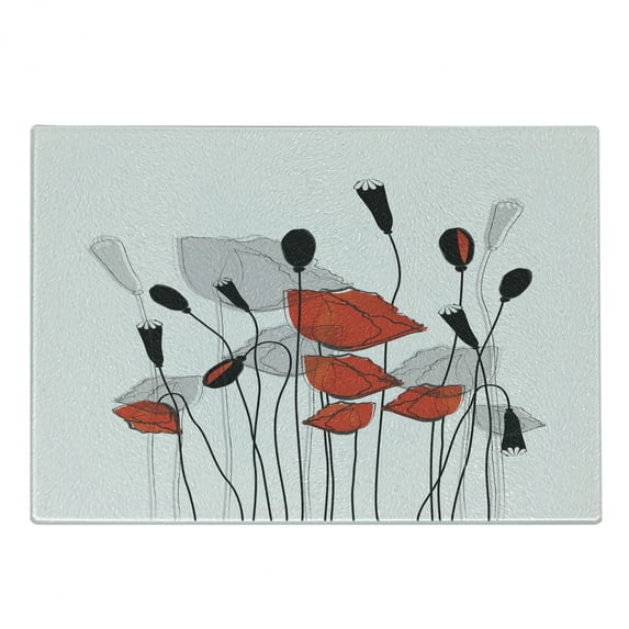 Floral Cutting Board, Vintage Image of Abstract Poppy Flowers with Buds, Decorative Tempered Glass Cutting and Serving Board, in 3 Sizes, by Ambesonne