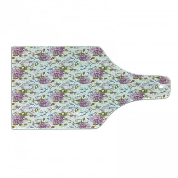 Floral Cutting Board, Vintage Pastel Spring Scene with Hydrangea Blooms Garden Therapy Showy Birds Image, Tempered Glass Cutting and Serving Board, Wine Bottle Shape, Multicolor, by Ambesonne