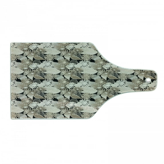 Floral Cutting Board, Vintage Plant Arrangement with Soft Colors Faded Foliage Leaves Natural Vegetation, Tempered Glass Cutting and Serving Board, Wine Bottle Shape, Tan Black, by Ambesonne