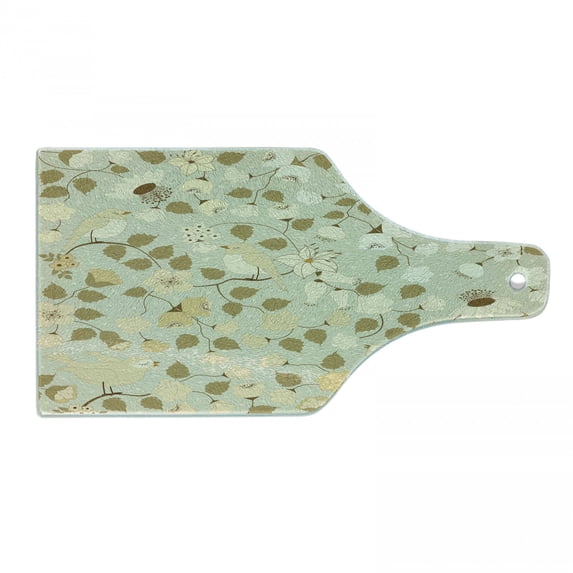 Floral Cutting Board, Vintage Retro Swirls Ivy Flowers Birds of Romantic Era, Decorative Tempered Glass Cutting and Serving Board, Wine Bottle Shape, Pistachio Green White, by Ambesonne