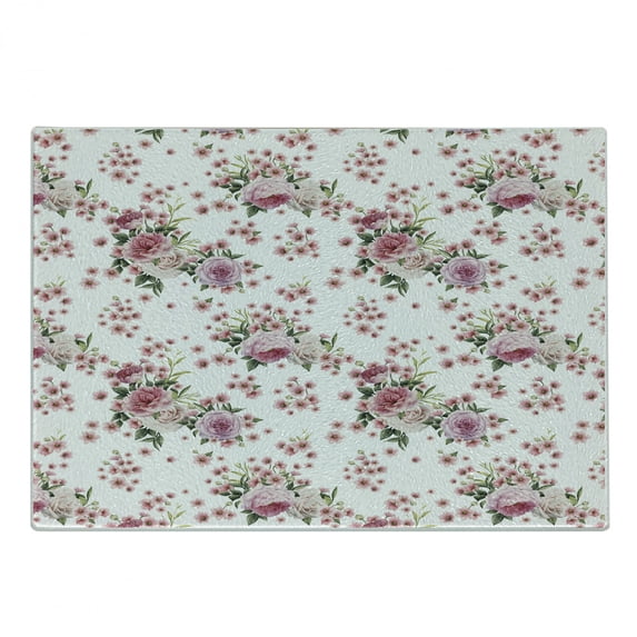 Floral Cutting Board, Vintage Style Blossoming Romantic Flower Arrangements Garden Art, Decorative Tempered Glass Cutting and Serving Board, in 3 Sizes, by Ambesonne
