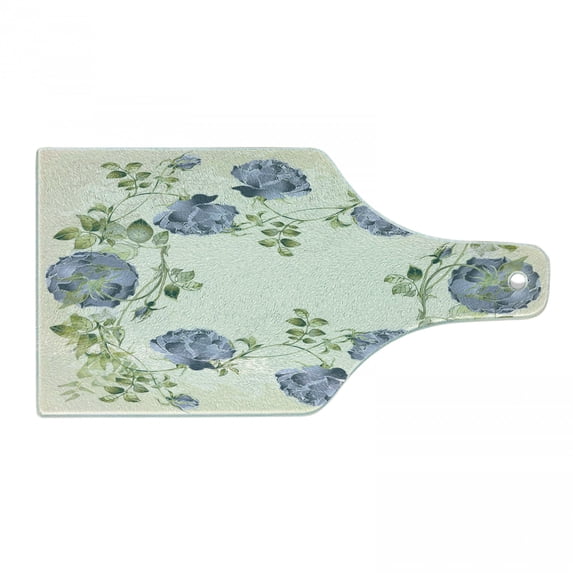Floral Cutting Board, Vintage Style Roses Leaves Flower Framework Illustration Romantic Retro Design, Tempered Glass Cutting and Serving Board, Wine Bottle Shape, Blue Green Cream, by Ambesonne