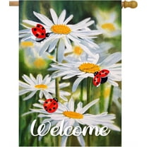 Floral Daisies Ladybug Flowers Spring Summer Watercolor Art House Flag 28 x 40 Inch, Double Sided Large Garden Yard Welcome Flags Banners for Home Lawn Patio Outdoor Decor