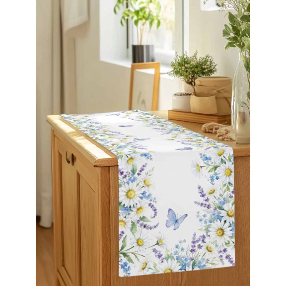 Floral Daisies Lavender Butterfly Table Runner 36 Inches Long,Kitchen Dining Tablerunners Rustic Botantical Linen Table Runners Dresser Scarves for Home Dinner Wedding Holiday Party Decor