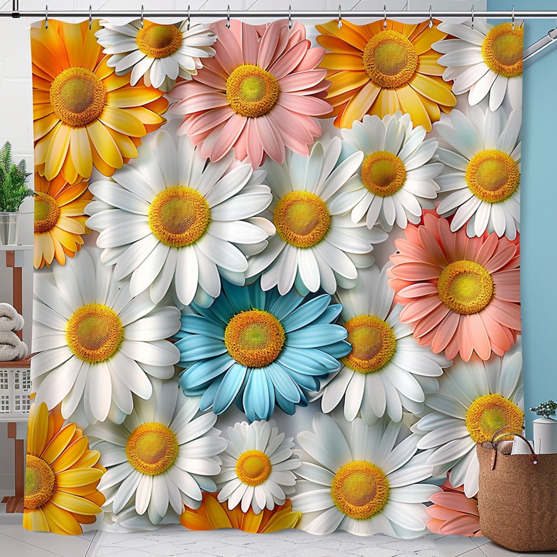Floral Daisy Shower Curtain in White Yellow Pink Blue Orange Bathroom