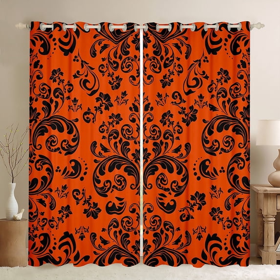 Floral Damask 38"Wx45"L 30%-50% Blackout Curtains Black Orange Boho Gothic Curtains Drapes For Bedroom Bohemian Exotic Goth Window Curtains Vintage Victorian Baroque Flower Curtains 2 Panels