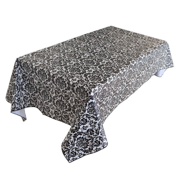 Floral Damask Black/White PVC Plastic Tablecloth / Table Cover with Nonslip Flannel Backing