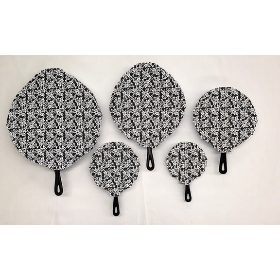 Floral Damask Cast Iron Pan Covers (Set of 5) by Penny's Needful Things (Black)