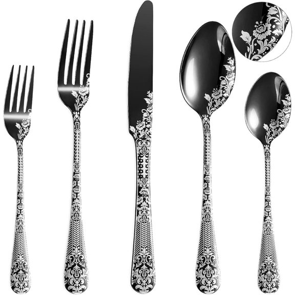 Floral Damask Rose Black Cutlery Set - 20 count - Includes 8 x Spoons, 8 x Forks, 4 x - Stainless Steel, Dishwasher Safe, Mirror Polished Tableware - Durable Flatware - Kitchen