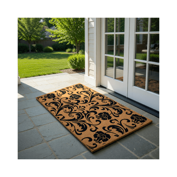 Floral Damask Scroll Pattern Doormat, Ornamental Vine Design Door Mat - Brown Coir PVC Outdoor Doormat (24x36 inches) 4323