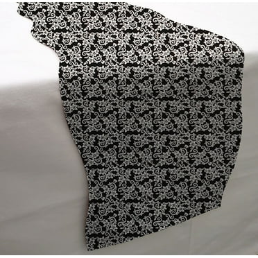 Floral Damask Table Runner by Penny's Needful Things (3 Feet Long - SCALLOPED) (Black)