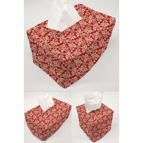 Floral Damask Tissue Box Cover by Penny's Needful Things (Cube) (Red)