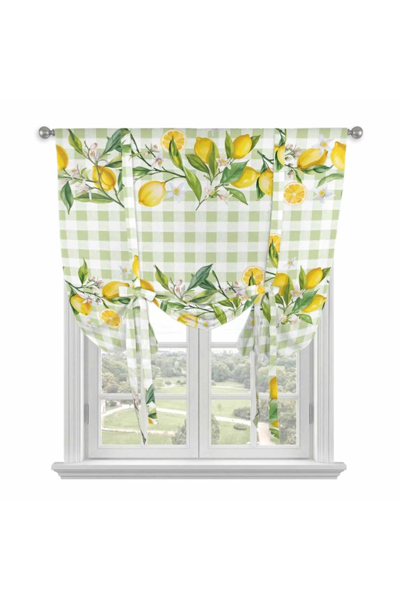 Summer Lemon Tie Up Curtain for Window, Leaf Yellow Fruit Botanical Green White Plaid Adjustable Tie Up Balloon Curtain Valances Rod Pocket Window Treatment for Kitchen Bathroom Bedroom 42"x54"