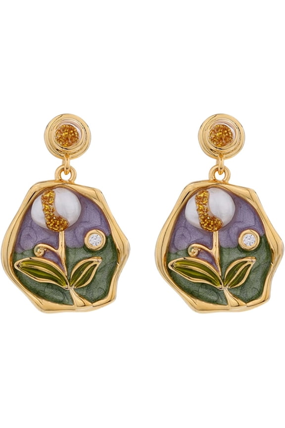 Floral Dangle Earrings Professional Vintage Oil Painting Style - Tulip Imitation Pearl & Zirconia Drop Jewelry perfect for Women[a566]