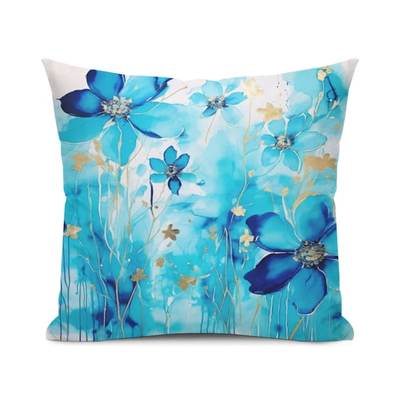 Floral Dark Navy Aqua Bright Blue Watercolor Strokes Art Floral Painting Design Throw Pillow Cover