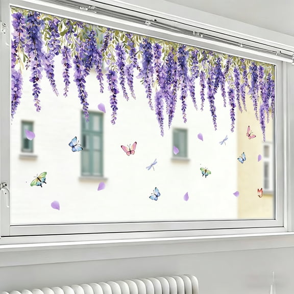 Floral Decals Purple Window Decal with Butterflies Static Stickers Window Clings 34x16 Inch