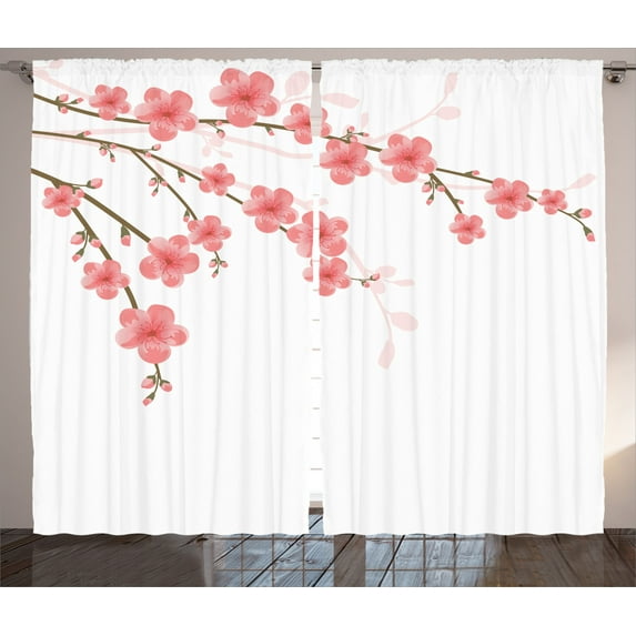 Ambesonne Flower Curtains 2 Panel Set, Cherry Blossom Art, 108" x 84", Pink Green
