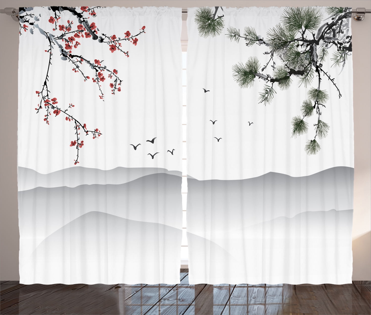 Red and White Polyester Light-Filtering Rod Pocket Curtain Panels