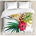 thumbnail image 1 of Floral Decor King Size Duvet Cover Set, Wild Tropical Orchid Flower with Large Leaves Exotic Petals Picture, Decorative 3 Piece Bedding Set with 2 Pillow Shams, Ruby Forest Green, by Ambesonne, 1 of 3