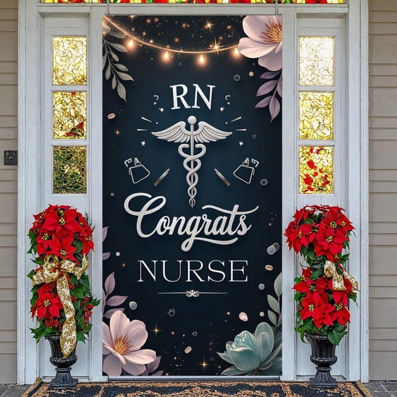 Floral Decor RN Nurse Banner Shiny Glitter Congrats Nurse Display Caduceus Symbol RN Lettering Backdrop for Nurse Graduation RN Certification Nurse Recognition