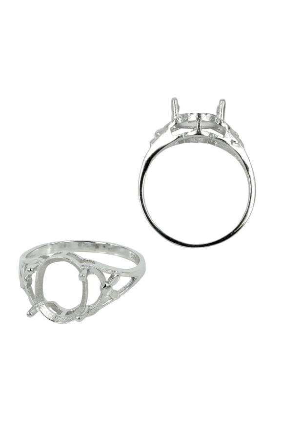 Floral Decorated Split Shank Ring Setting with Oval Prongs Mounting in Sterling Silver 8x10mm | MTR423 (7)