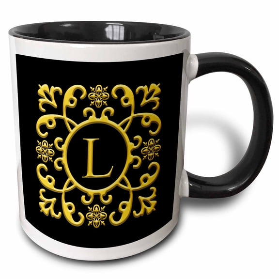 3drose, Floral Decorative Monogram. Gold on Black. Attractive Letter L, 11oz Two-tone Black Mug