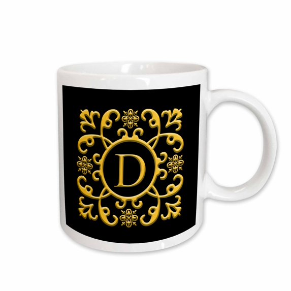3drose, Floral Decorative Monogram. Gold on Black. Charming Letter D, 15oz Mug