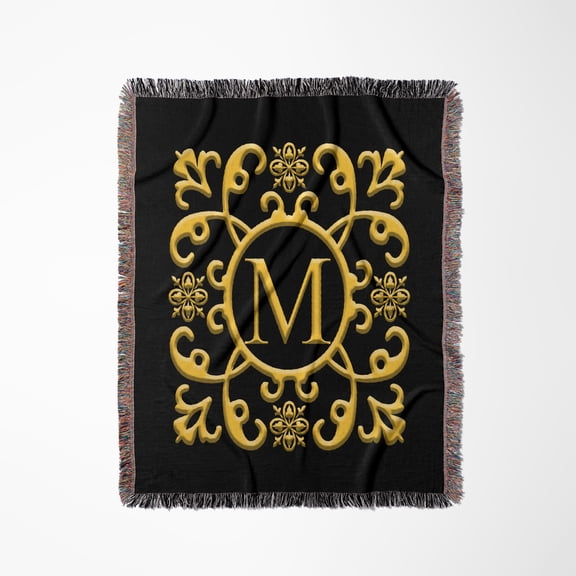 Floral Decorative Monogram. Gold On Black. Shapely Letter M, Woven Blanket
