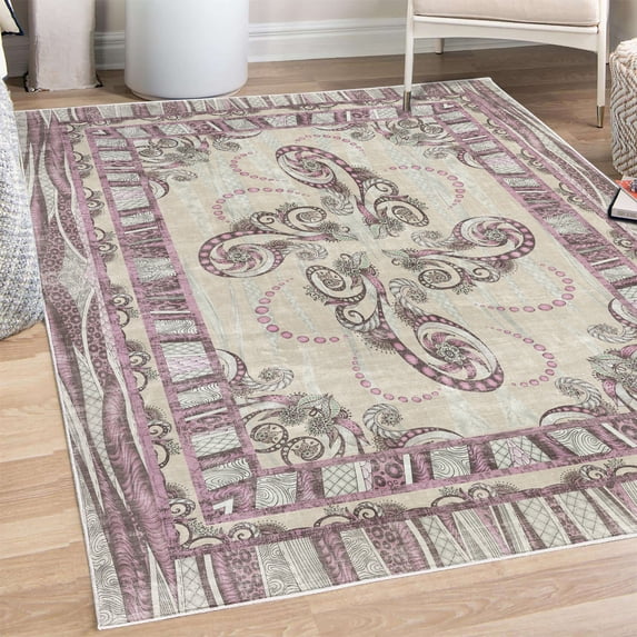 Floral Decorative Rug, Abstract Curls of Botanical Design and Dots Borders Frame with Wavy Forms, Quality Carpet for Bedroom Dorm and Living Room, 6 Sizes, Lilac Eggshell, by Ambesonne
