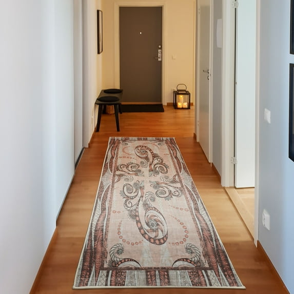 Floral Decorative Rug, Abstract Curls of Botanical Design and Dots Borders Frame with Wavy Forms, Quality Carpet for Bedroom Dorm and Living Room, 6 Sizes, Pale Rust, by Ambesonne