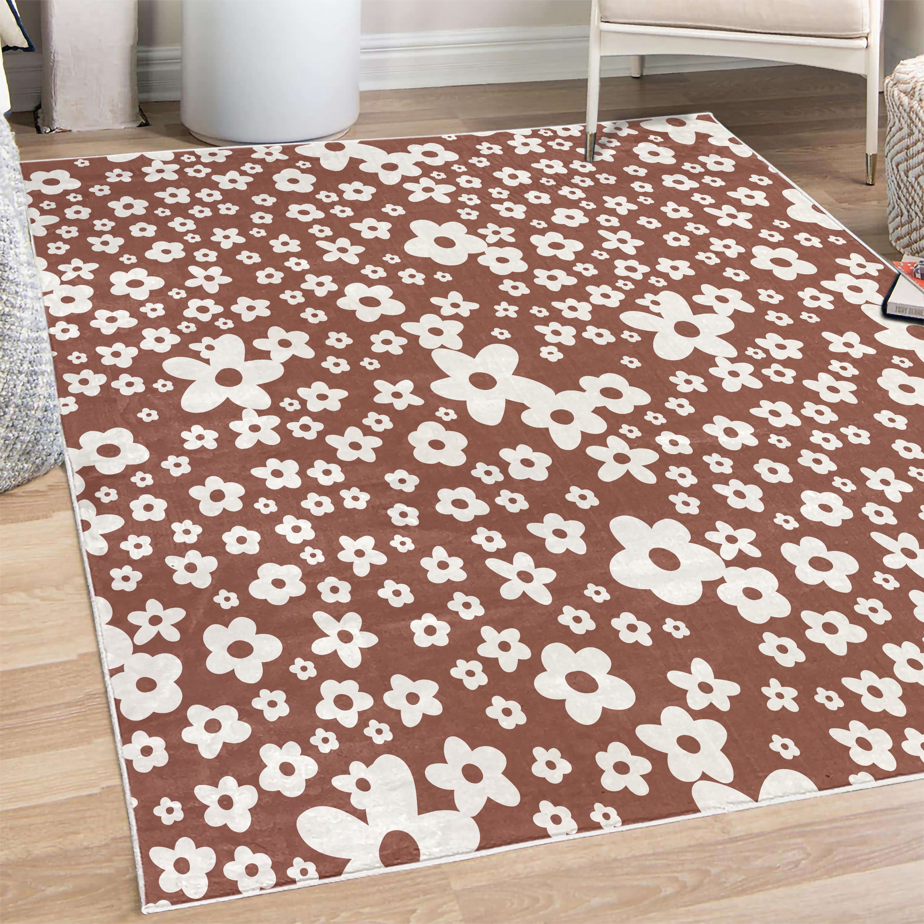 Floral Decorative Rug, Graphic Daisy Blossoms Design Colorful ...