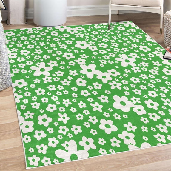 Floral Decorative Rug, Graphic Daisy Blossoms Design Colorful Background Spring Flowers Art, Quality Carpet for Bedroom Dorm and Living Room, 6 Sizes, Shamrock Green, by Ambesonne