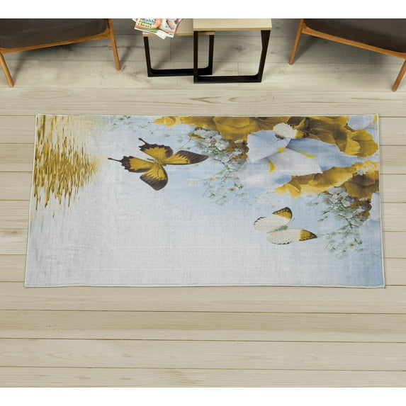 Floral Decorative Rug, Nature Theme Wild Flowers Monarch Flying Butterflies Lily on Lake Therapy Spa, Quality Carpet for Bedroom Dorm and Living Room, 6 Sizes, Earth Yellow, by Ambesonne