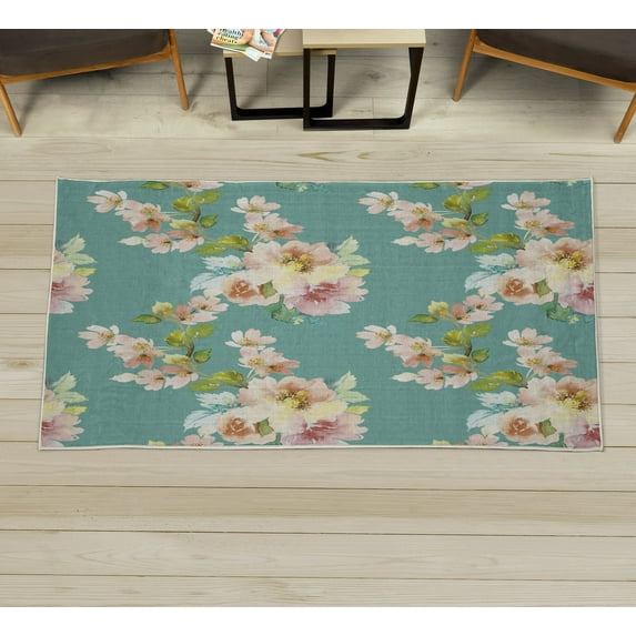 Floral Decorative Rug, Watercolor Shabby Form Nature Petals in Soft Tones Picture, Quality Carpet for Bedroom Dorm and Living Room, 6 Sizes, Mint Green, by Ambesonne