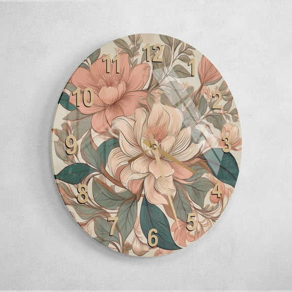 Floral Decorative Tempered Glass Wall Clock, Stylish Home Decor Gift For Couples (Style:Gold Style-Arabic Nr.; Size:10";)