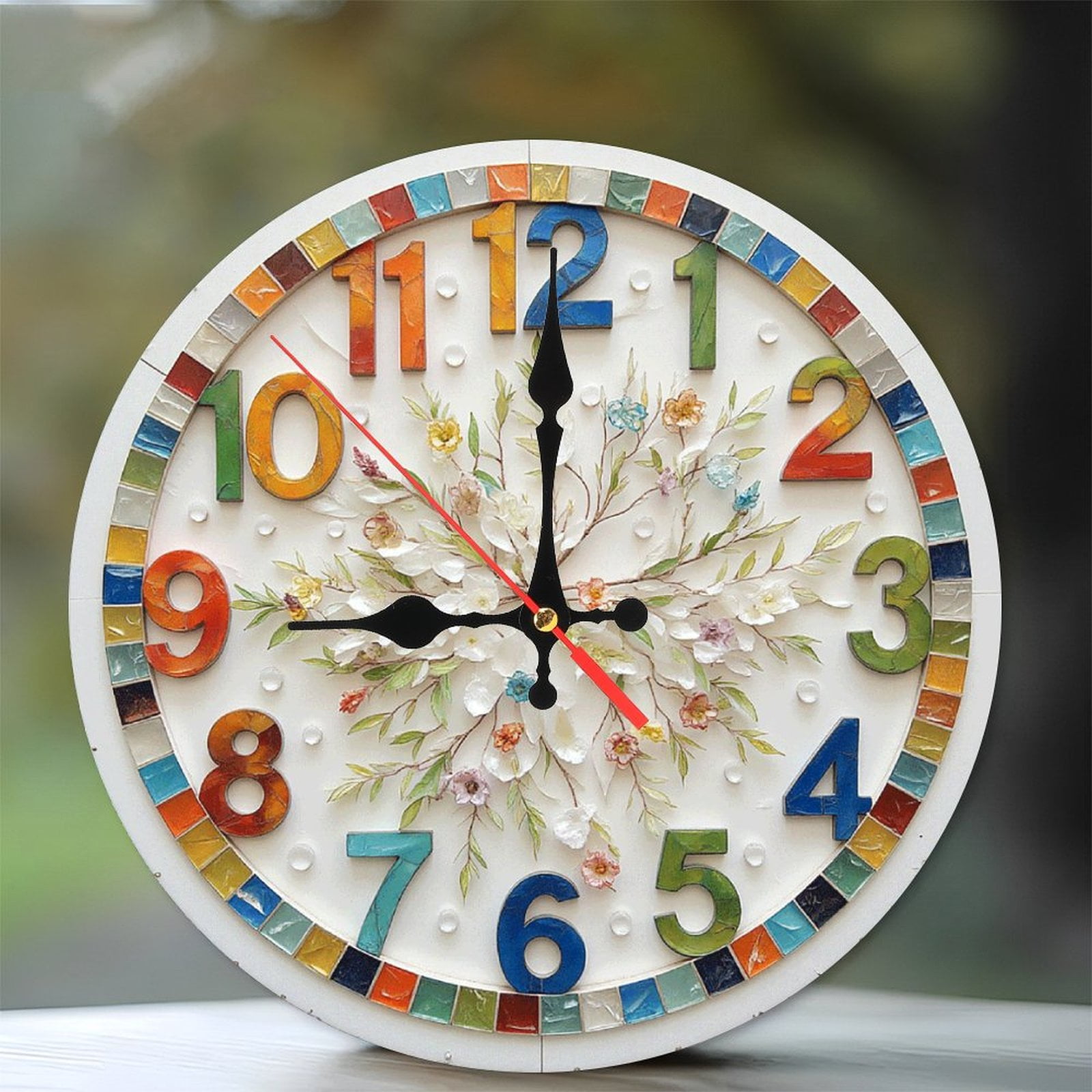 Floral Decorative Wall Clock with Colorful Numbers 10-Inch Silent ...
