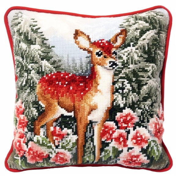 Floral Deer Latch Hook Kits Pillow DIY Rug Crochet Hook Cushion Making Kits with Preprinted Pattern Canvas Instruction Yarns Easy Starter Christmas Decoration Hooking DIY Kits 43x43cm(d140)