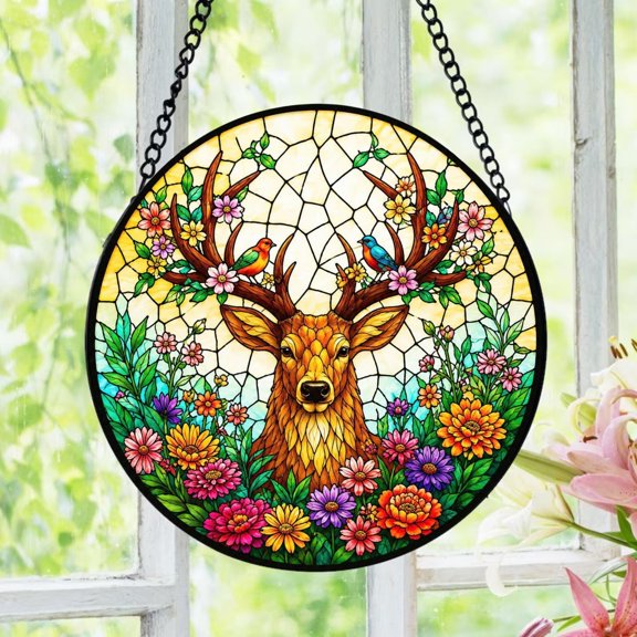 Floral Deer Stained Glass Suncatcher, Deer Head Window Hanging, Woodland Wildlife Decor, Nature Lover Gift