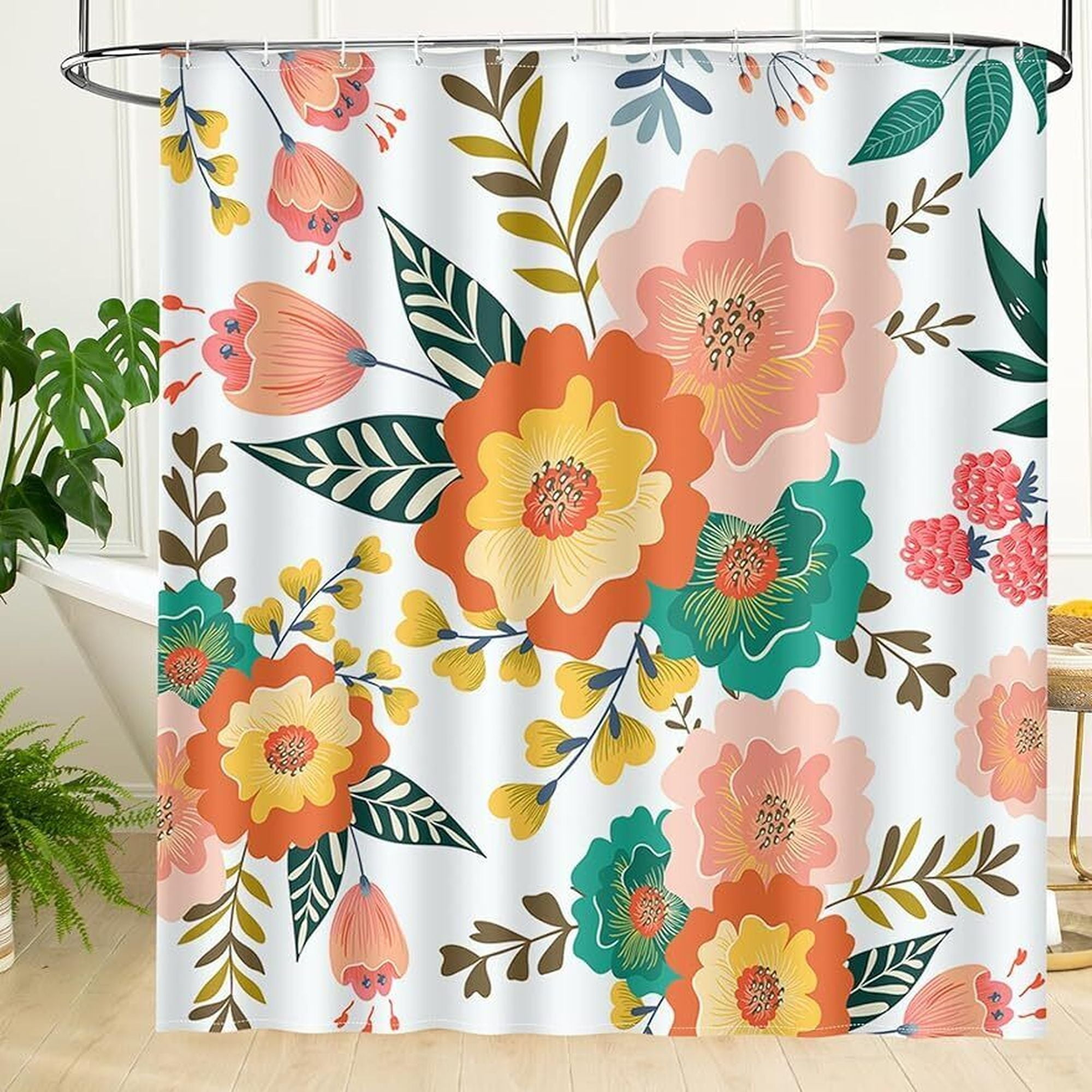 Floral Delight Shower Curtain Set with 12 Hooks - Vibrant Blossom ...