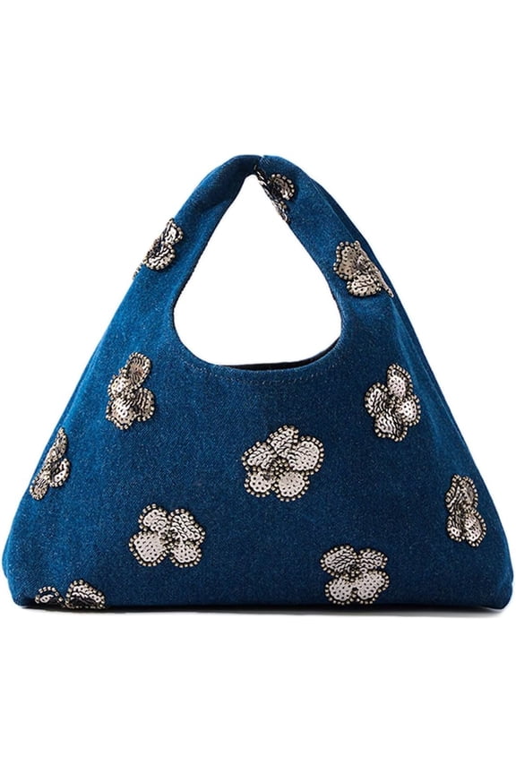 Floral Denim Handbag for Women, Sequin Beaded Triangle Shoulder Tote Bag Party Clutch Purse