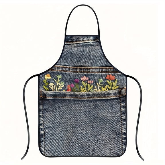 Floral Denim Style Apron for Women Adjustable Neck Strap Kitchen Cooking Apron Lightweight Durable Apron