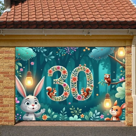 Floral Design 30th Birthday Banner Leafy Wreath Forest Animal Display Rabbit Figure Squirrel Decoration Woodland Backdrop for 30th Birthday Party Woodland Celebration Nature Themed Event