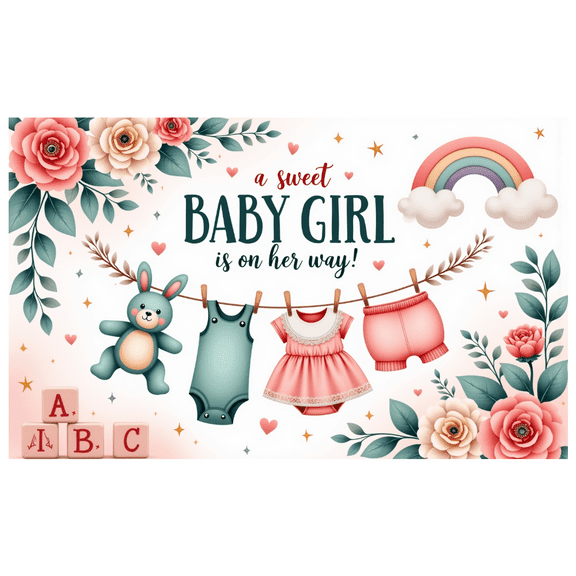 Floral Design Baby Girl Announcement Sweet Baby Banner Teddy Bear Cartoon for Baby Shower New Arrival Celebration