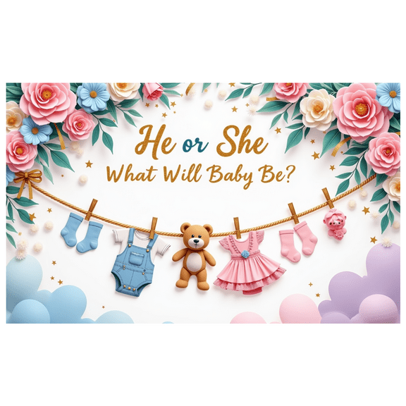 Floral Design Baby Shower Banner Clothesline Theme He or She Decoration Cotton Material Gender Reveal for Baby Shower Celebration Event Indoor Decoration