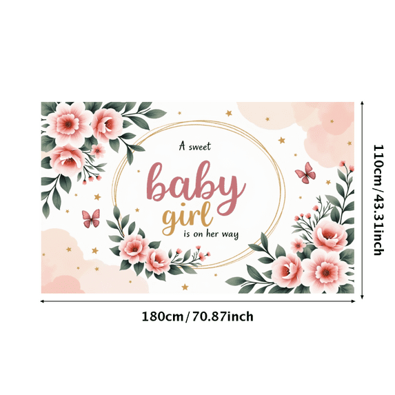 Floral Design Baby Shower Banner Girl Arrival Pink Flowers Butterfly Decoration for Newborn Celebration Party Event