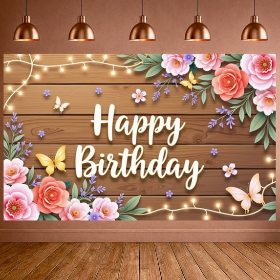 Floral Design Banner Butterfly Accent Floral Celebration Display Wooden Background Fairy Lights Birthday Party Backdrop for birthday party garden party photo backdrop