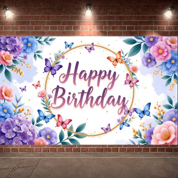 Floral Design Banner Butterfly Motif Birthday Backdrop Gold Glitter Border Watercolor Style Party Background for Birthday Parties Indoor Events Photo Shoots