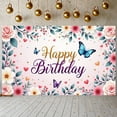 thumbnail image 1 of Floral Design Banner Butterfly Pattern Birthday Display Pink Background Golden Text Floral Backdrop for Birthday Party Girls' Birthday Photo Shoot, 1 of 3